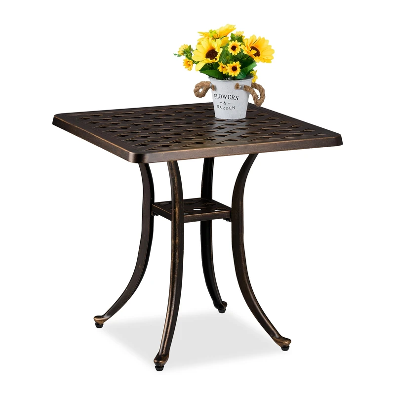 Relaxdays Garden Side Table, Antique, Cast Aluminum, 53x54x54 cm, Weatherproof, Square, Balcony & Patio, Black/Bronze, Plastic, Aluminium
