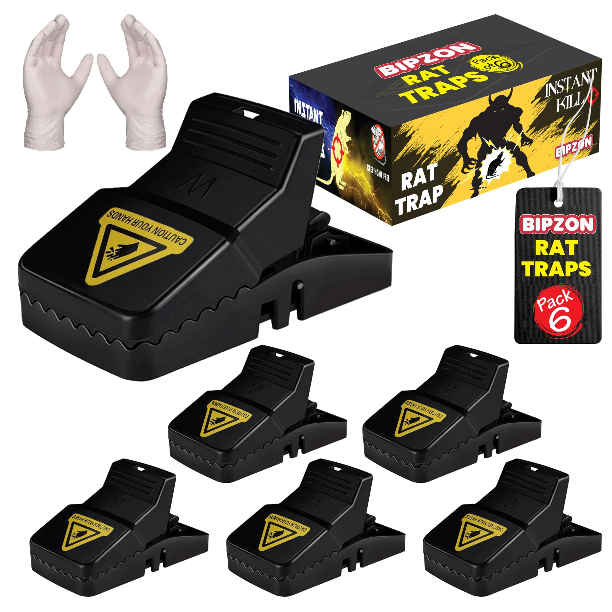 BIPZON Rat Traps - 6 x Large Humane Rat Traps That Kill Instantly, Heavy Duty Mouse Trap for Indoor, Outdoor, and Garden - Reusable Rat Catcher Rodent Solution with 1 Pair Gloves