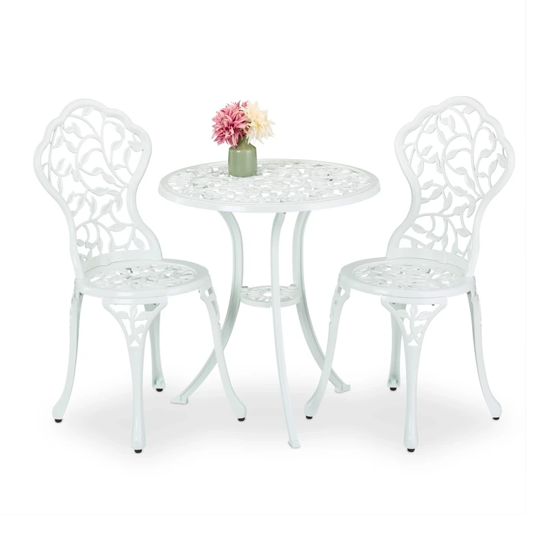 Relaxdays Garden Bistro Set, 3-Piece, Table & 2 Chairs, Antique, Patio Furniture, Cast Aluminium, Outdoor Dining, White, 67 x 61 cm