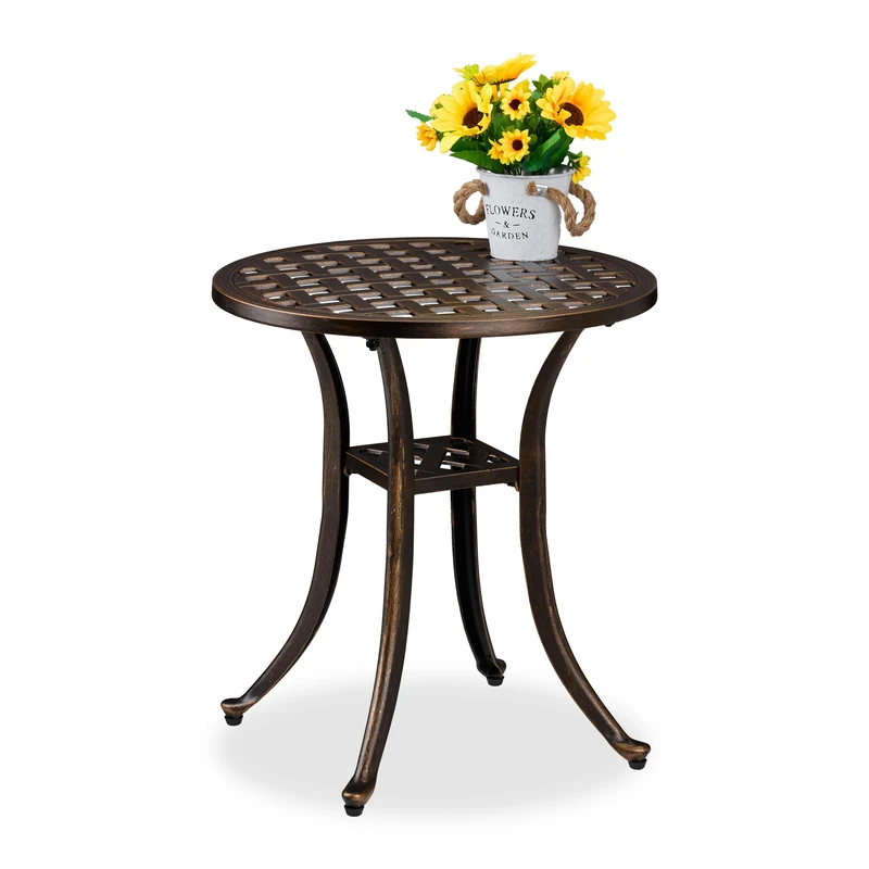 Relaxdays Garden Side Table, Antique Look, Cast Aluminum, 53x49 cm, Weatherproof, Round, Balcony & Patio, Black/Bronze, Plastic, Aluminium
