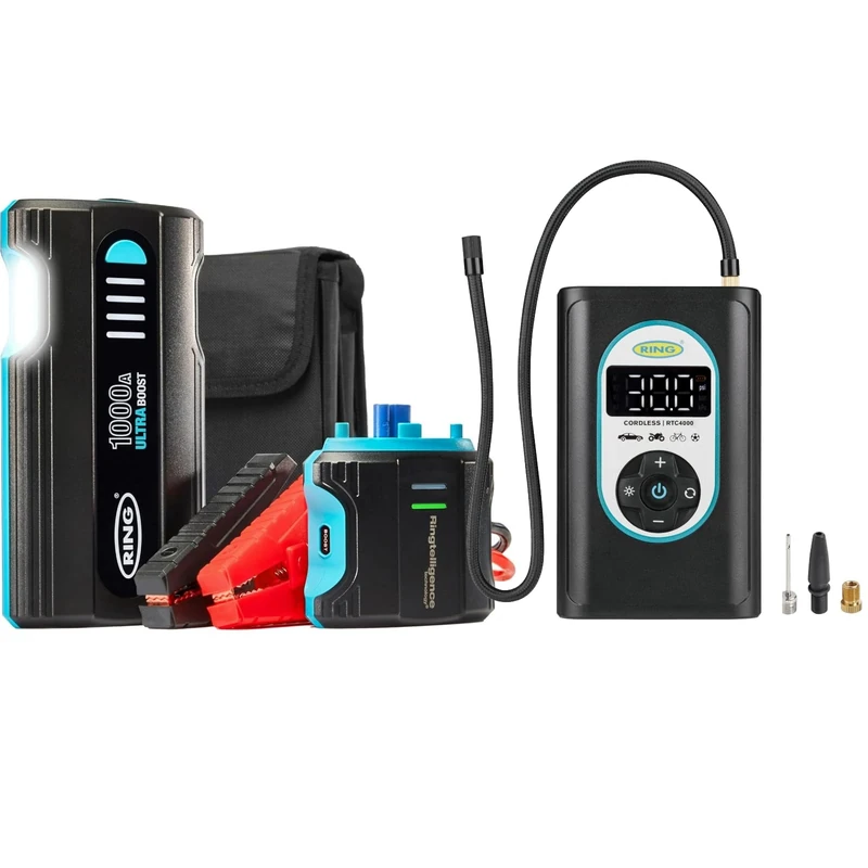 RING Bundle: Cordless Tyre Inflator & ULTRABOOST 1000A Car Battery Jump Starter - Rechargeable & Battery Booster With Jump Leads