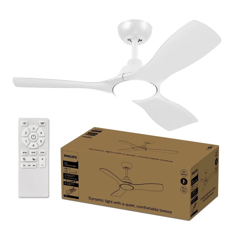 Philips Fixed Blade Fan Ceiling, 3 Blades, small (42") 28W LED Light, DC Motor, Color Temperature Range (3000 K, 4300 K, 6500 K) with Dimming Function, Remote Included, White