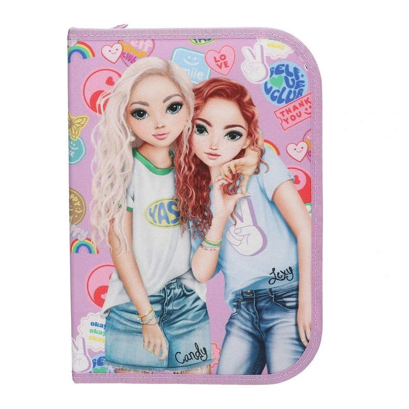 Depesche TOPModel Girl Power 13284 Filled Pencil Case in Pink with Model Motif and Colourful Patches, Pencil Case with Colouring Pencils, Ruler, Scissors and Much More