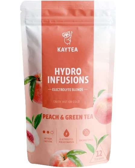 KAYTEA Peach & Green Tea Hydro Infusion - Moderate Caffeine, Zero Sugar & Calorie with Hydrating Electrolytes - Unsweetened Fruit Tea Selection, Pack of 12 Peach Bags