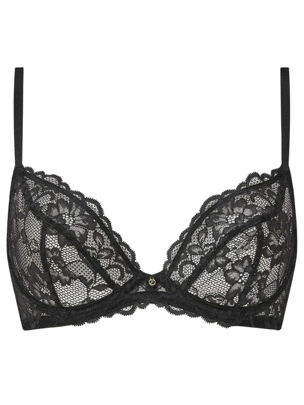 Ann Summers Sexy Lace Non Padded Plunge Bra, A-D Cup, Curve-Enhancing Womens Underwear with Unlined Lace Cups, Underwire Support & Sculpting Boning Black - Womens Lingerie