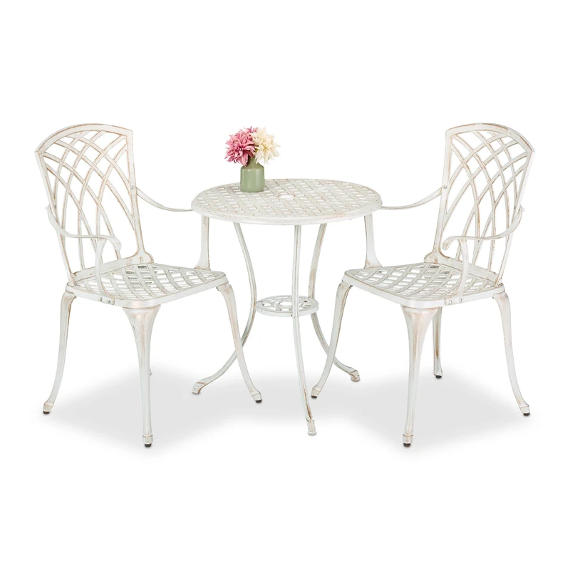 Relaxdays Garden Bistro Set, 3-Piece, Table & 2 Chairs, Antique Design, Patio Furniture, Outdoor Dining, White/Bronze, Aluminium, 67 x 60 cm