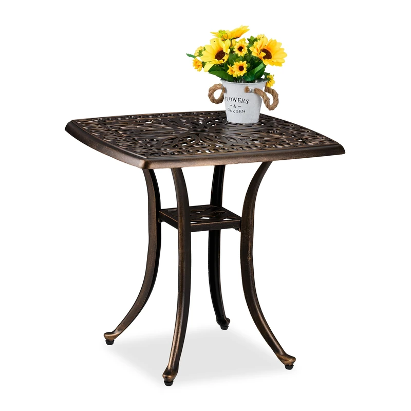 Relaxdays Garden Side Table, Antique Look, Cast Aluminum, 53x53.5x53.5 cm, Square, for Balcony & Patio, Black/Bronze