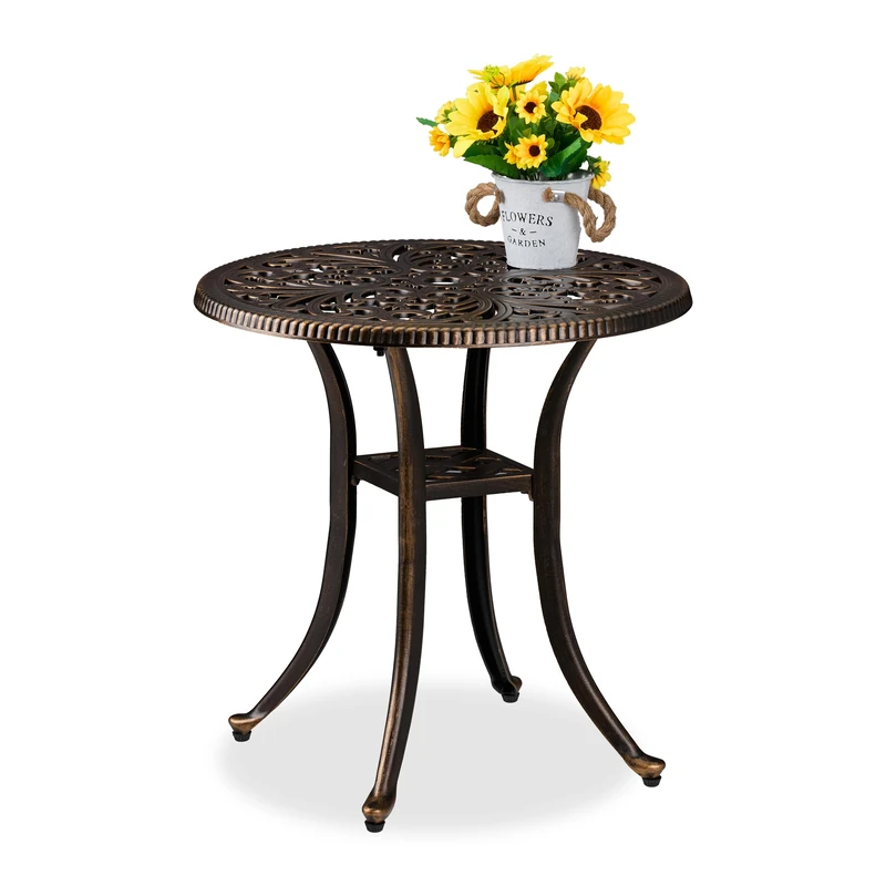 Relaxdays Garden Side Table, Antique Look, Cast Aluminum, 53x53 cm, Weatherproof, Round, Balcony & Patio, Black/Bronze