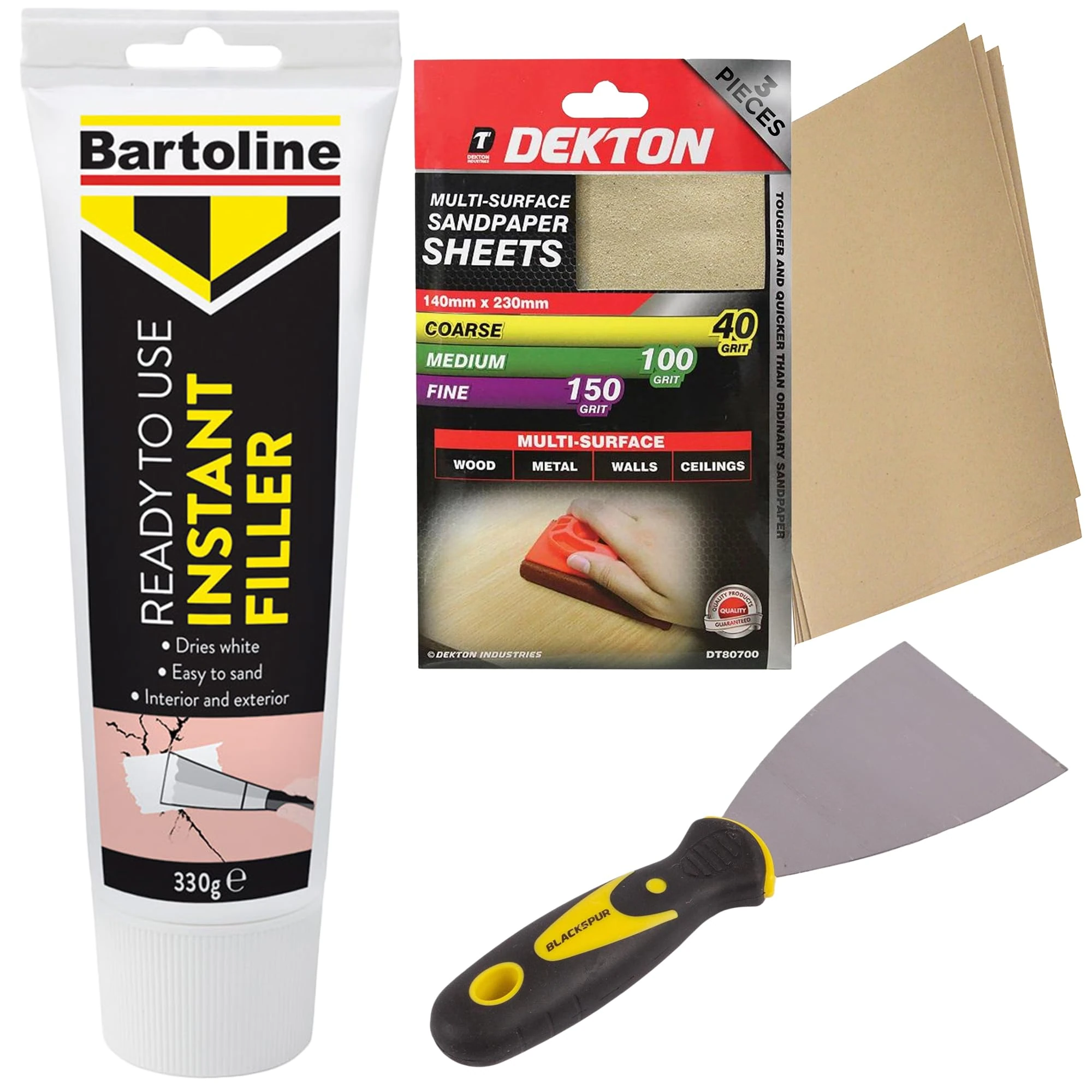 Plaster, Wood & Wall Filler 330g + 3" Filling Tool & Sandpaper – Wall Repair Kit & Filler for Crack, Hole & Gap Repair on Plaster, Plasterboard & Wood