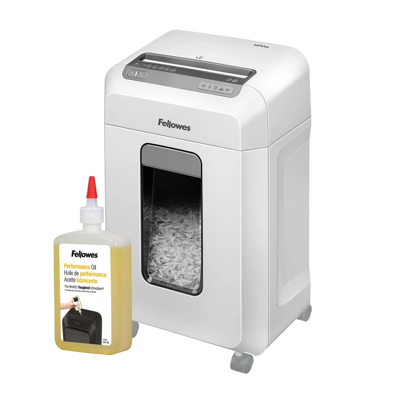 Bundle of Fellowes 12 Sheet Paper Shredder for Office - Mini Cut Shredder with Auto Reverse & SafeSense Technology - Powershred 12Ms with 23L Pull-Out Bin + Shredder Oil for Paper Shredders, 355ml