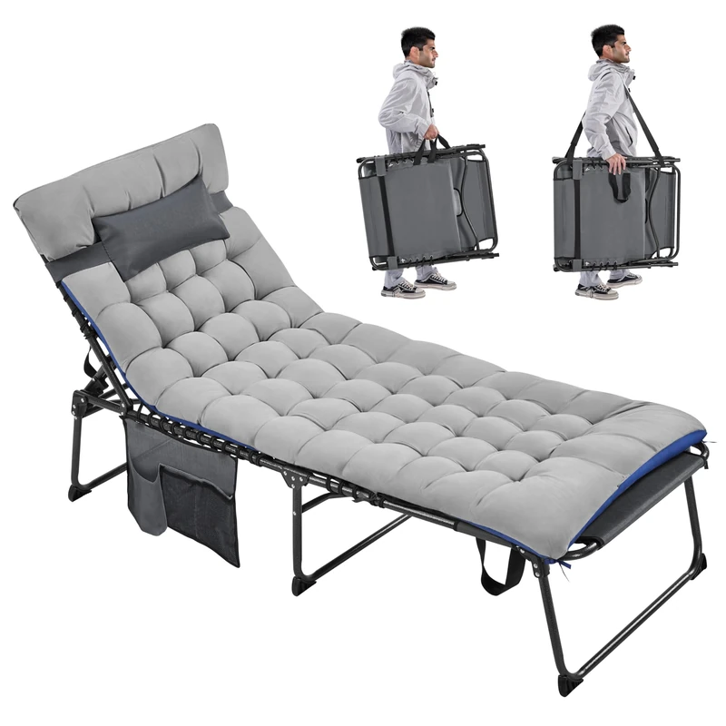 Yaheetech Outdoor Foldable Sun Lounger with Face Hole and Removable Padded Cushion, 5-Position Adjustable Tanning Chair with Pillow and Side Pocket, for Garden, Balcony, Beach, Grey