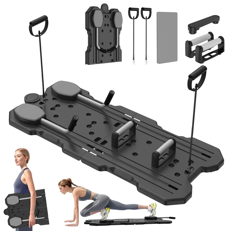 IMAYCC Foldable Pilates Board Reformer Machine Set with Ab Roller Portable Multi-Functional Pilates Training Full Body Workout Equipment for Home with Various Accessories (Black)