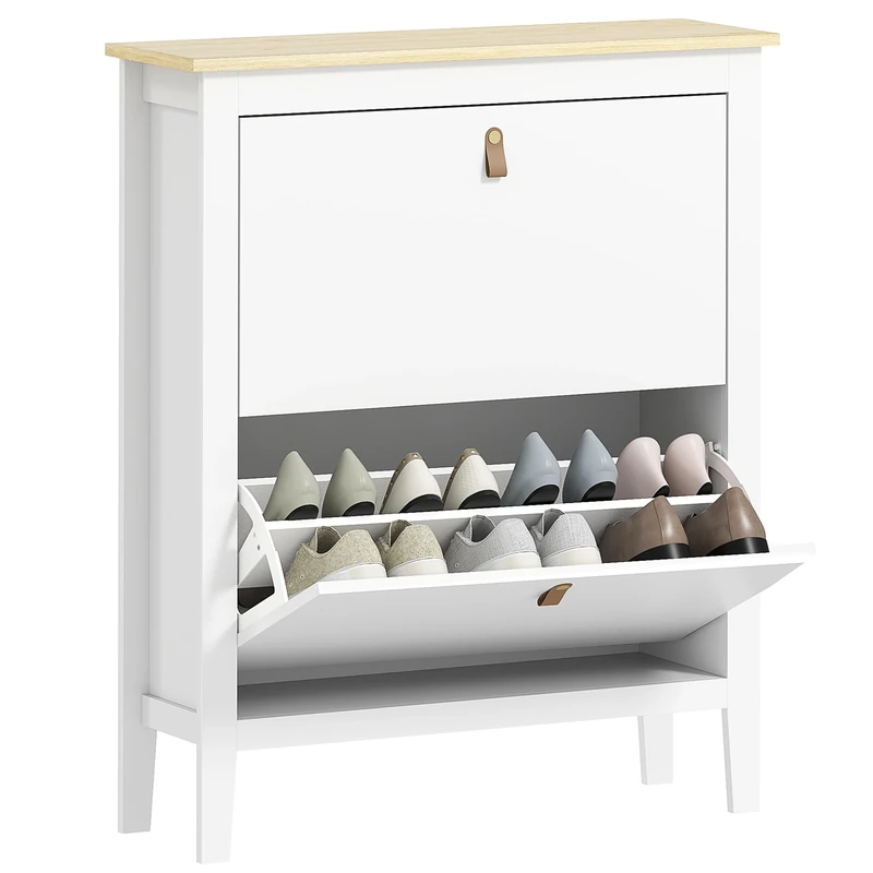 HOMCOM 2 Drawer Shoe Cabinet with Flip Doors, Narrow Shoe Storage Cabinet with Removable and Adjustable Shelves, 14 Pairs Footwear Cupboard for Hallway, Entryway, 80 x 24 x 95.5 cm, White