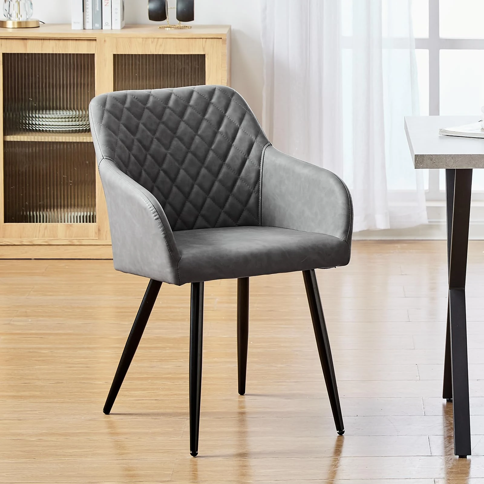 CLIPOP Single Kitchen Dining Chair Faux Leather Upholstered Seat Side Chair with Back and Arms, Occasional Lounge Armchair for Living Room (1, Light Grey)