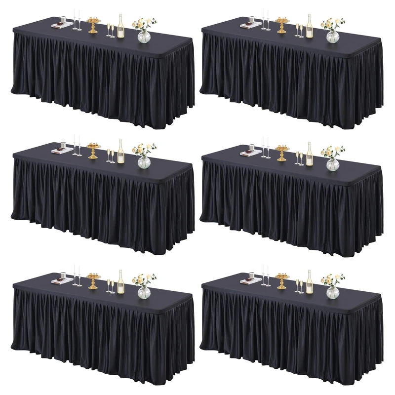 PARTISKY 6 Pack Black Tablecloths for Rectangle Tables 8ft, Wrinkle Resistant Black Table Cover Fitted Stretch Table Cloth with Pleated Ruffle Skirts for Party Banquet Dining Birthday Wedding