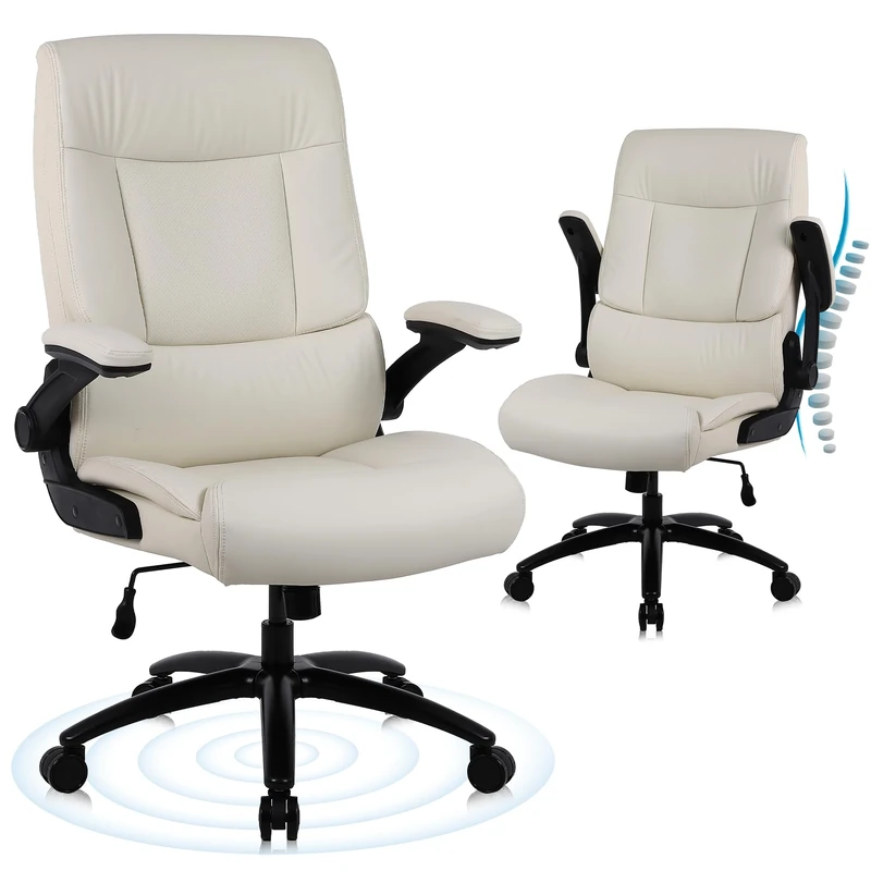 Youhauchair Executive Office Chair, Desk Chair with Flip-up Armrests, 200KG Computer Chairs for Heavy People, PU Leather Office Chairs for Home, High Backrest Ergonomic Office Chair, Beige