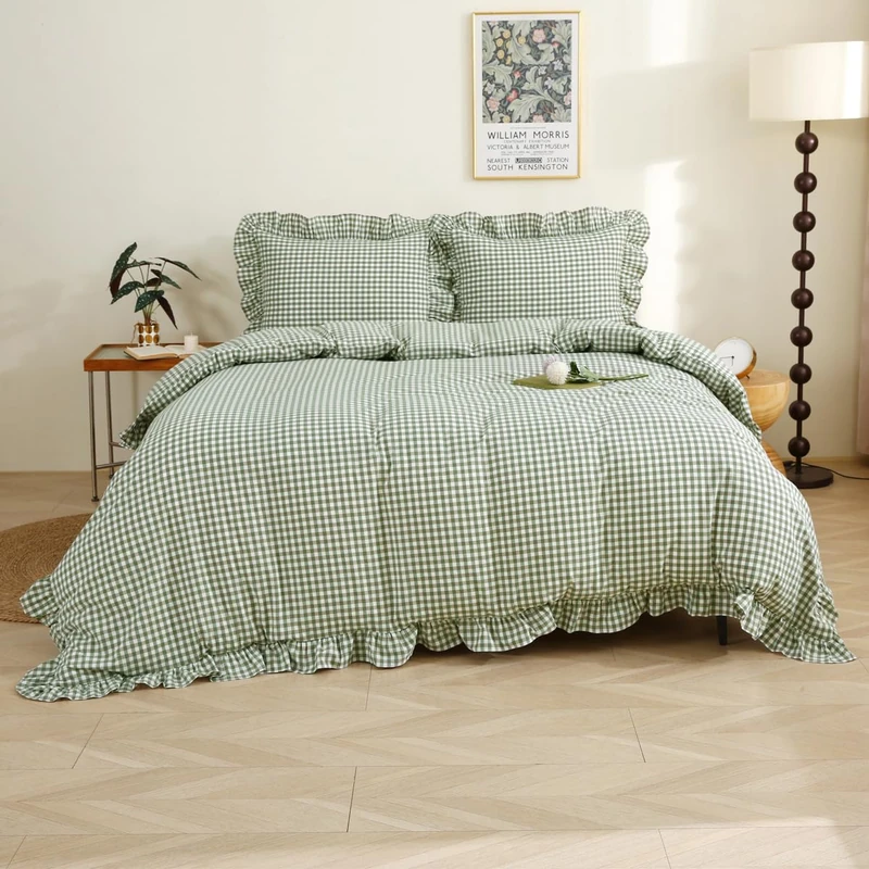 Silnuo Sage Green/White Plaid Ruffle Duvet Cover Queen Size,100% Washed Cotton 3 Pcs Vintage Checkered Chic Gingham Farmhouse Bedding Set Comforter Cover Set