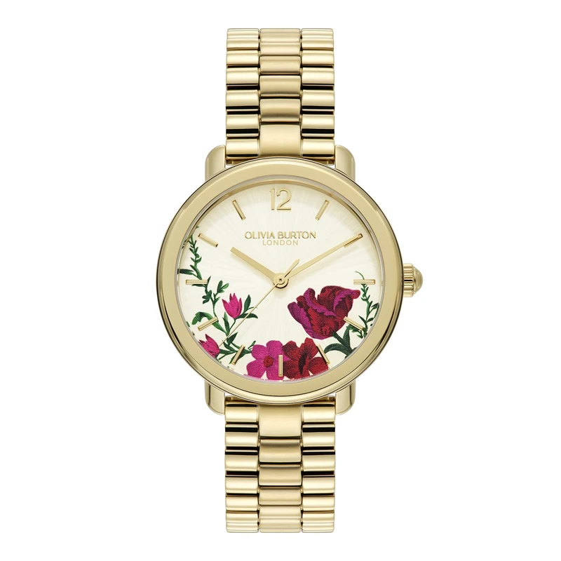 Olivia Burton Three Hand Quartz Movement Watch for Women Vintage Floral Collection with Gold Colored Stainless Steel Bracelet - 24000206