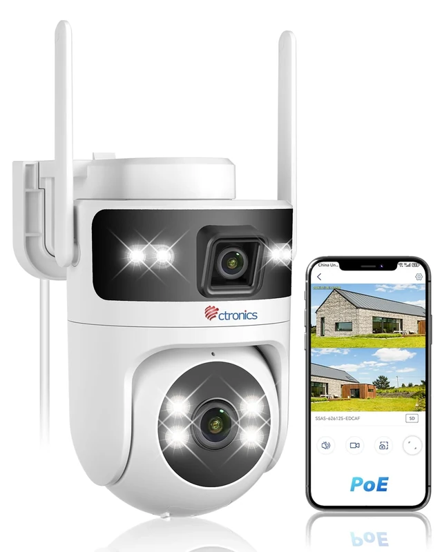 Ctronics Dual Lens Security Camera, 2.4/5Ghz WiFi Camera PoE, CCTV Camera Outdoor with Human Detection & Auto Tracking, 30M Color Night Vision & 24/7 Recording, PC/Cloud/TF, IP66