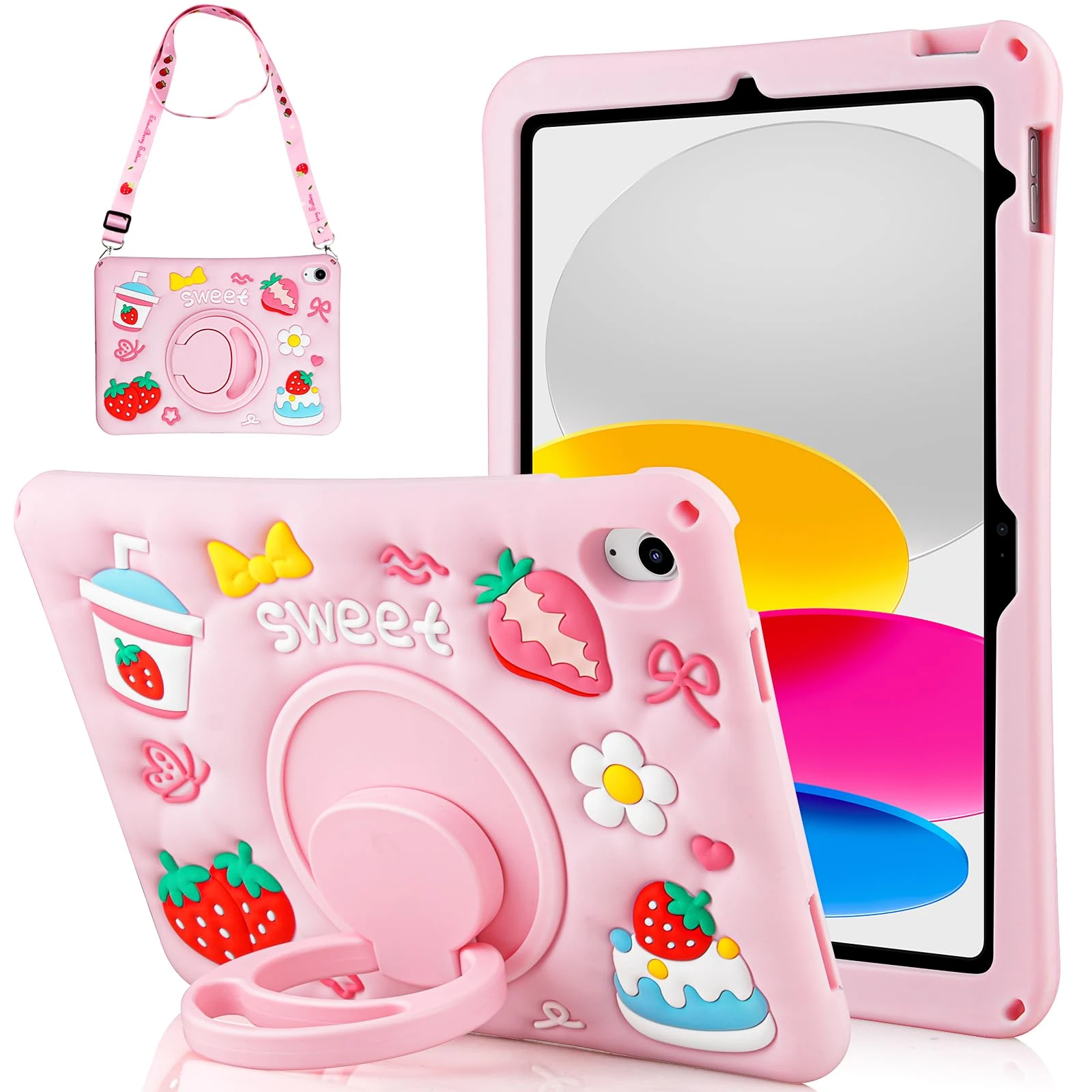 Vunake for iPad (A16) 11th/10th Generation Case 2025/2022 Soft Silicone Shockproof Cases with Shoulder Strap 360°Rotating Stand for Kids Girls Cute Cartoon Case for iPad 10th/11th Pink
