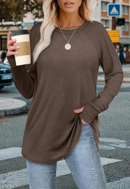 Womens Tunic Tops to Wear with Leggings Long Sleeve Thumb Hole Shirts Crew Neck Curved Hem, Coffee, XX-Large