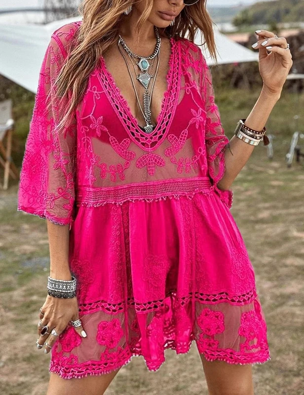 Generic Women's V-Neck Contrast Lace Cover Up - Hot Pink
