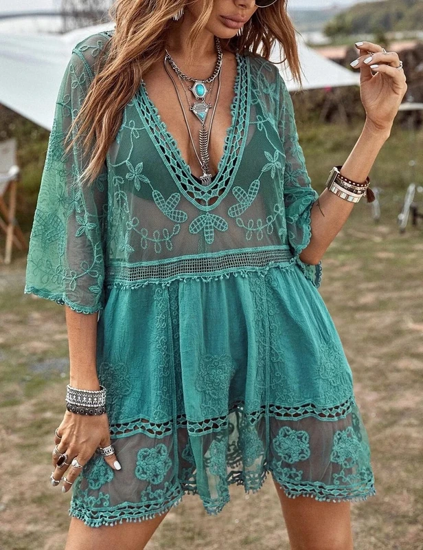 Generic Women's V-Neck Contrast Lace Cover Up Dress - Green, One Size