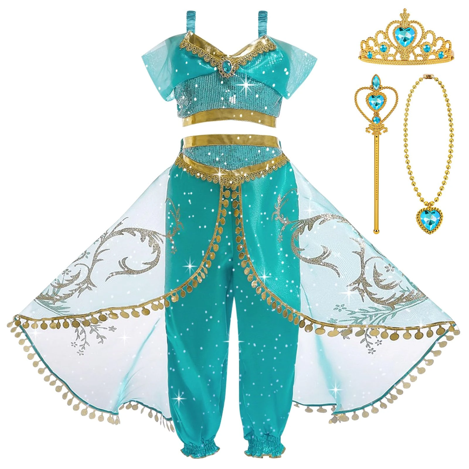 BSBUY Jasmine Princess Costume for Girls Aladdin Princess Costume, Aladdin Dress Up Fancy Dress Jasmine Costume Kids, Two Pieces Sequined Outfit for Cosplay Birthday Halloween Party Carnival(120)