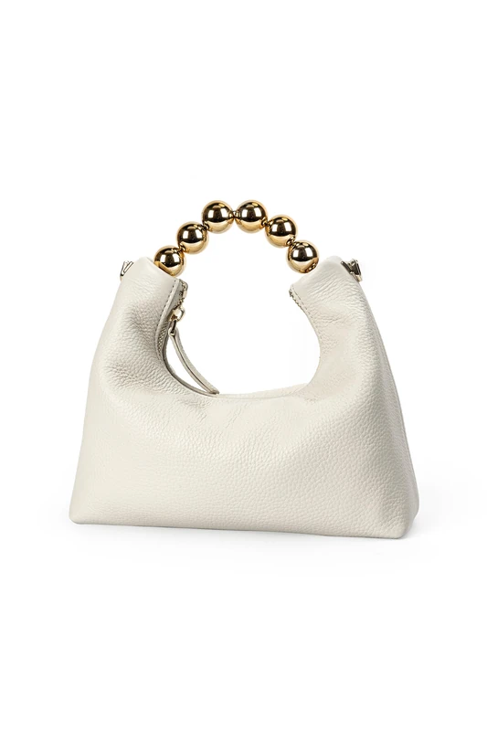 Doris&Jacky Small Top Handle Clutch Bag Women Designer Goatskin Crossbody Purse With Pearl Handle And Detachable Metal Chain, Cowhide- White