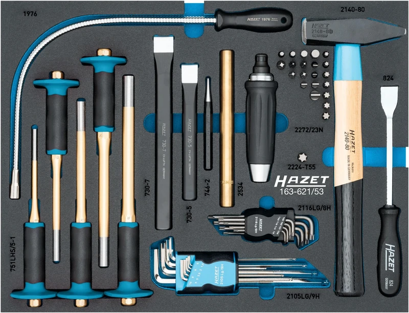 HAZET Tool Set, 53 Pieces 163-621/53, with chisels, Punches, pin Punch Set, Scraper, Magnetic Sight, Angle Screwdriver, locksmith's Hammer and bit Set.