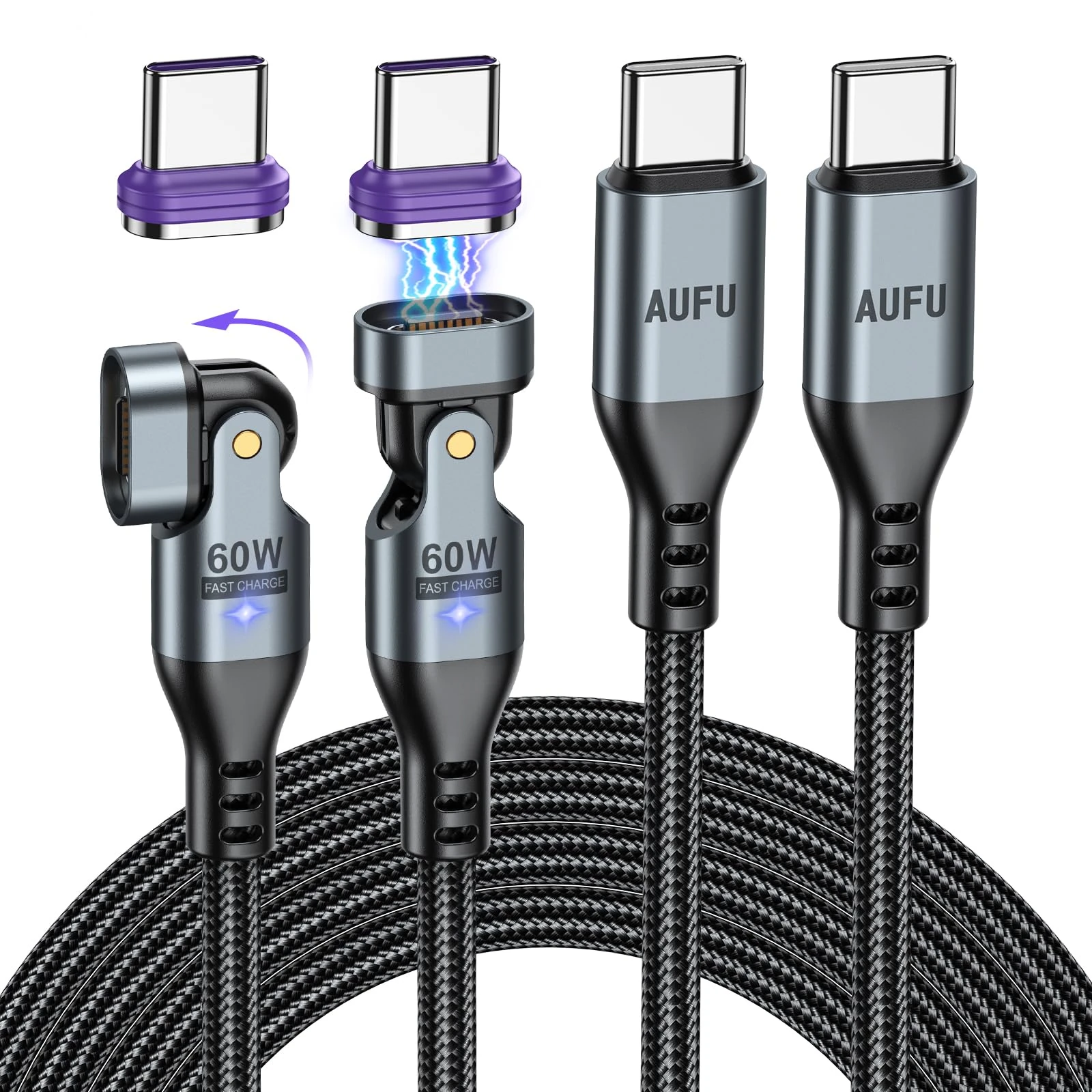 AUFU 60W Magnetic Charging Cable USB C to USB C [2 Pack 2M] 16PIN 180° Rotatable Magnetic Cable 20V/3A Fast Charging Data Transfer for Phone 15/Galaxy S23/Pad/Laptop