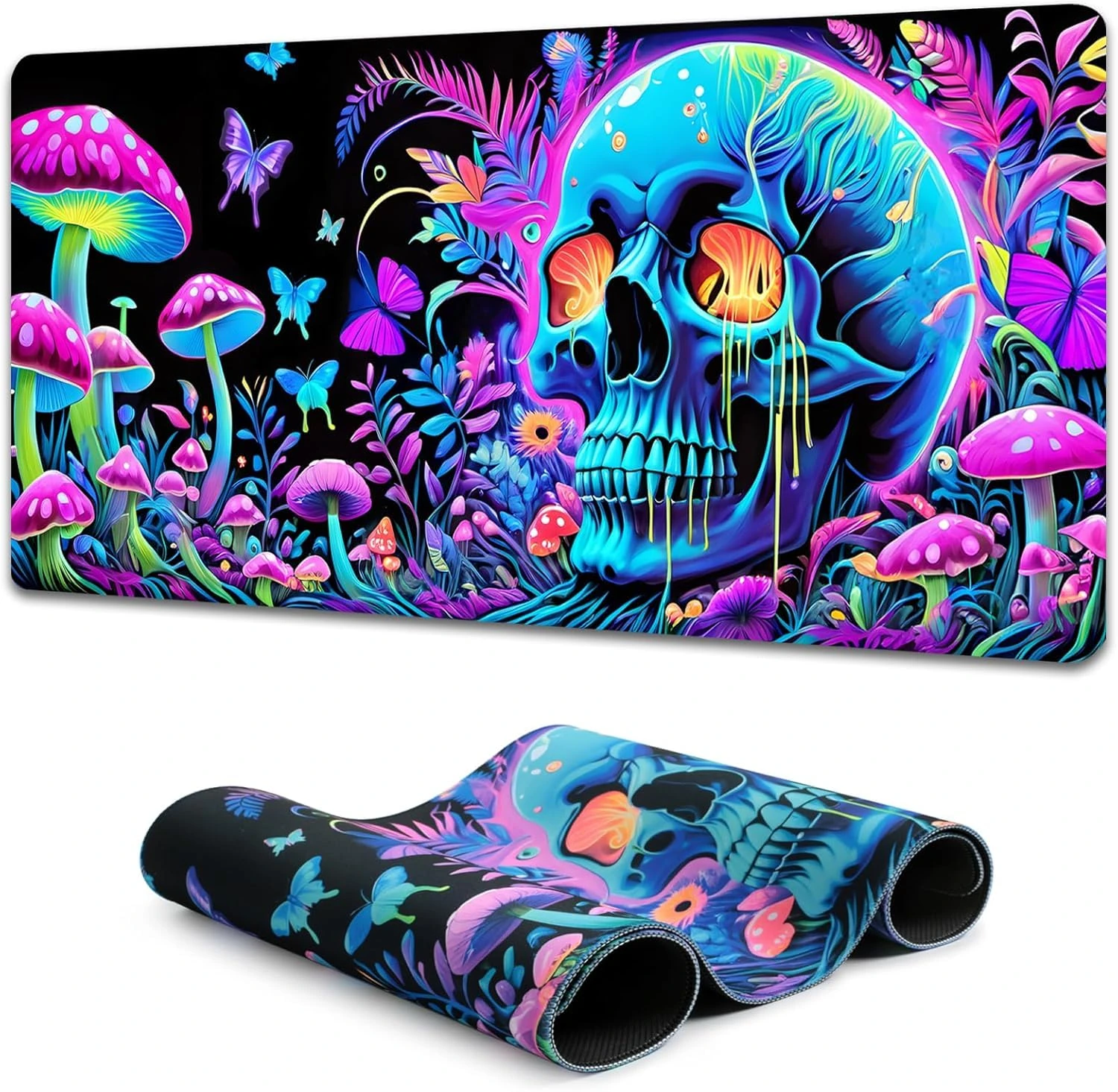 Simpkeely Large Skull Mushroom Gaming Mouse Pad - UV Light Reactive Neon Glow Butterfly Mat Waterproof XL Non-Slip Rubber Base for Computer & Keyboard, 31.5" x 11.8"