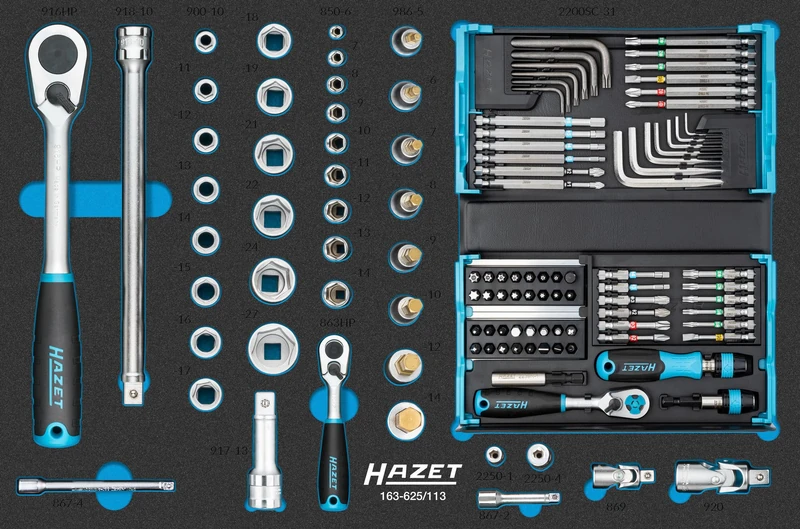 HAZET 113-piece Socket Set 163-625/113, with Reversible Ratchets, 1/4 and 1/2 inch, sockets, bits, Angle Screwdriver and Extension Cords.