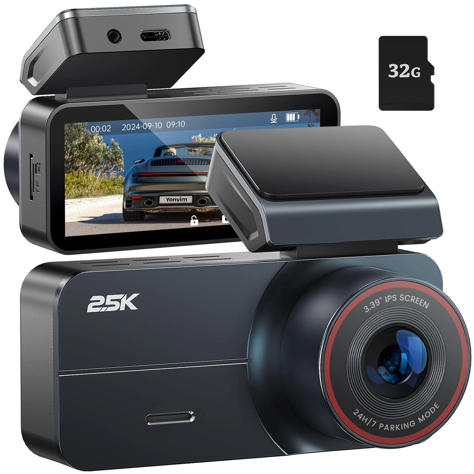Dash Cam Front and Rear, 2.5K /1080P QHD Dual Dash Camera for Cars, Super Night Vision Dashcam, Loop Recording, 3.39” IPS, 64GB Card Included, 160° Wide Angle, Parking Mode - Matte Black Pro