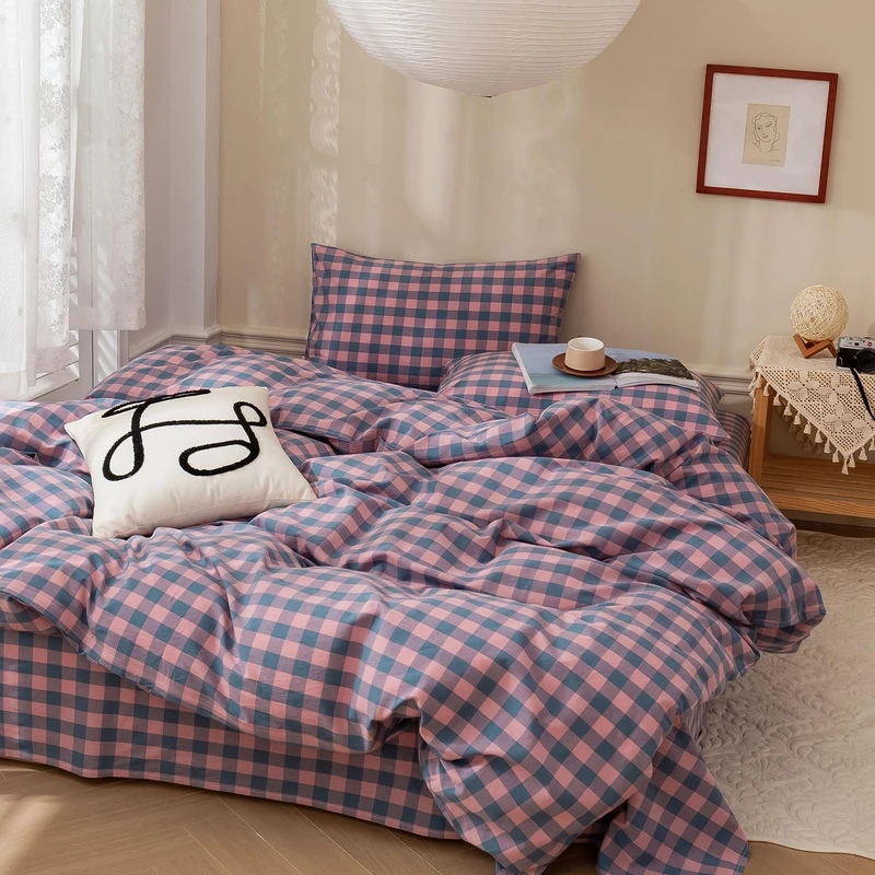 EAVD Gingham Comforter Set King Purple Pink Grid Plaid Comforter Set Soft Fluffy Grid Checkered Pattern Bedding Set with 2 Pillowcases Modern Farmhouse Gingham Bedding Set for All-Season