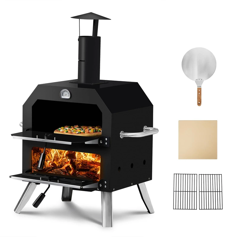 ROVSUN 12’’ Outdoor Countertop Pizza Oven, Wood Fired Pizza Maker Included Pizza Stone, Pizza Peel, Chimney with Lid, Fold-up Legs, Portable Cooking Rack for Camping, Baking and BBQ