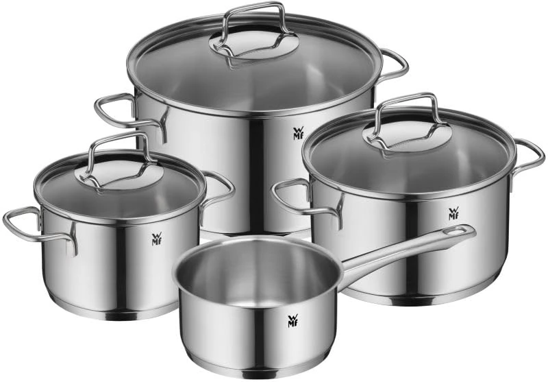 WMF Astoria 4-Piece Cookware Set, Tall Pots with Lids (16/24 cm), Low Pot with Lid (20 cm), Saucepan (16 cm), Polished Cromargan Stainless Steel, Suitable for Induction
