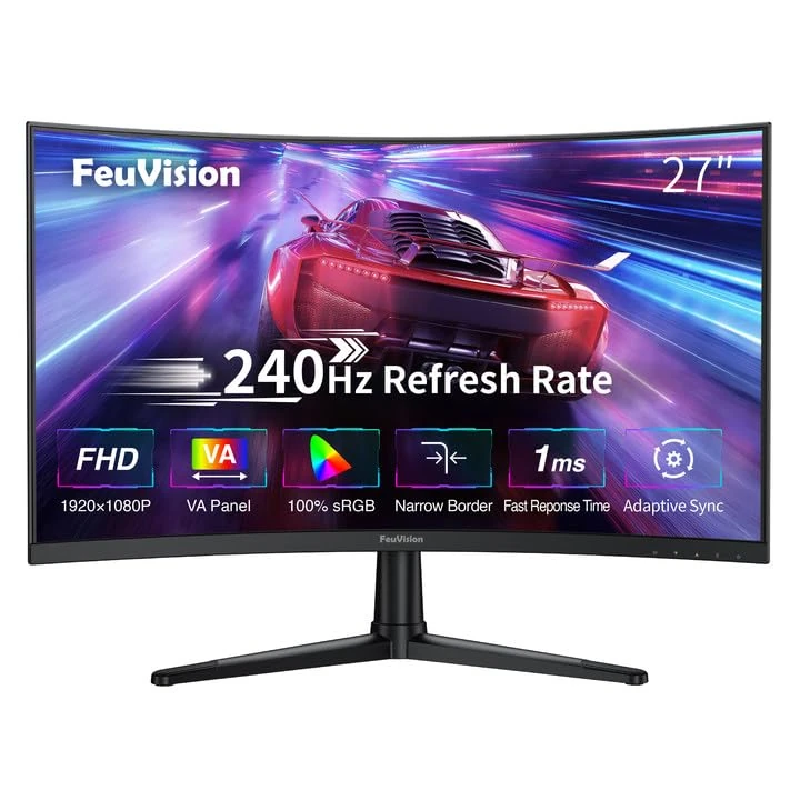 FeuVision 27 inch Curved Gaming Monitor 240Hz, FHD 1080p, VA Panel, 0.5ms Response Time, Adaptive sync, PC Computer Monitor, 3-Sided Frameless, Ultra Slim, 100% sRGB, Bluelight Filter, DP, HDMI
