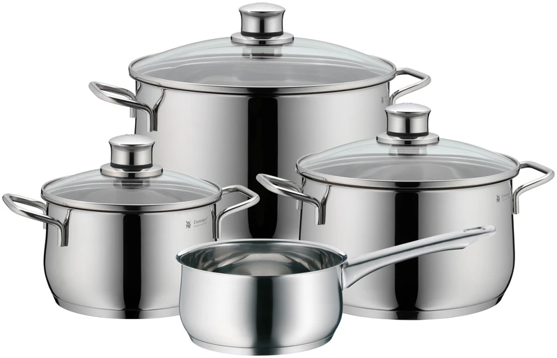 WMF Diadem Plus 4-Piece Cookware Set, Stainless Steel Suitable for Induction, 1 Low Saucepan 20 cm, 2 Saucepans 16 cm and 24 cm, 1 Saucepan 16 cm with 3 Glass Lids