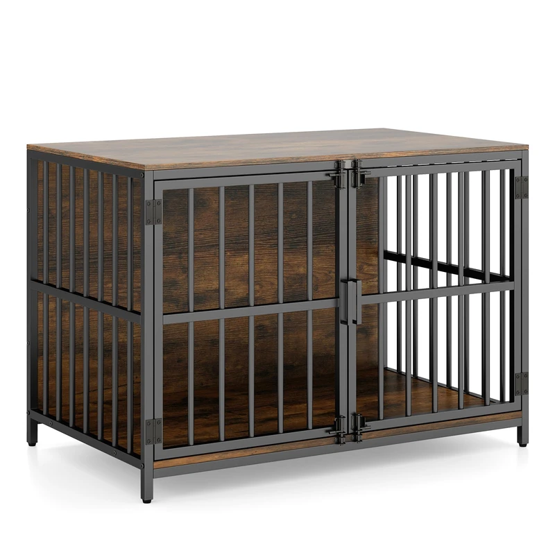 GYMAX Dog Crate Furniture, Heavy Duty Dog Kennel with Dual Lockable Double Doors, Indoor Pet Kennel Side Table for Small and Medium Sized Dog, 100 x 60 x 70 cm