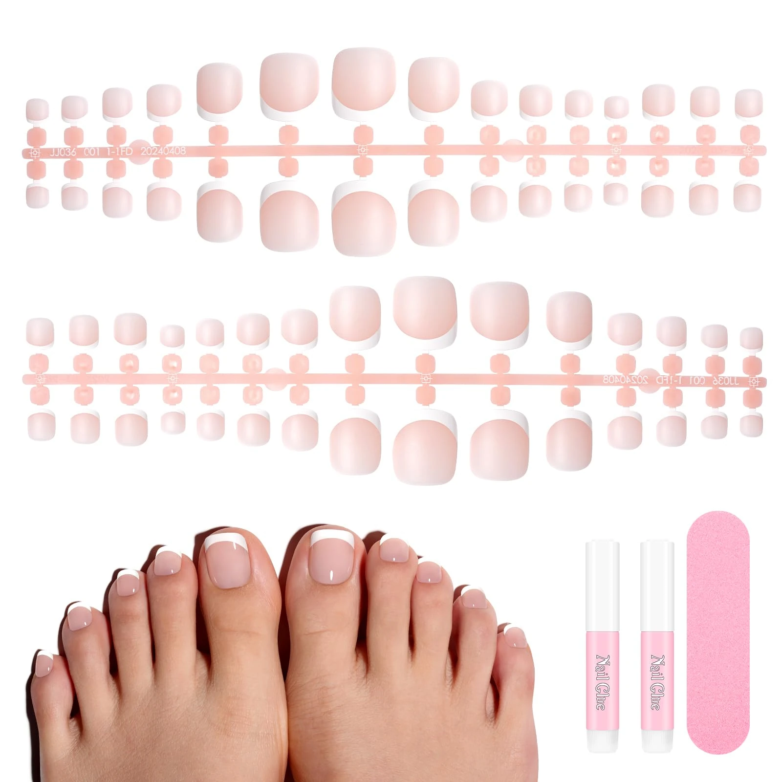 TOMICCA French False Toenails Set, 150 Pcs Nude Pink Long False Toe nails with Nail Glue and Strip, 12 Sizes Full Cover Artificial Feet Nail Tips for Women Nail Art