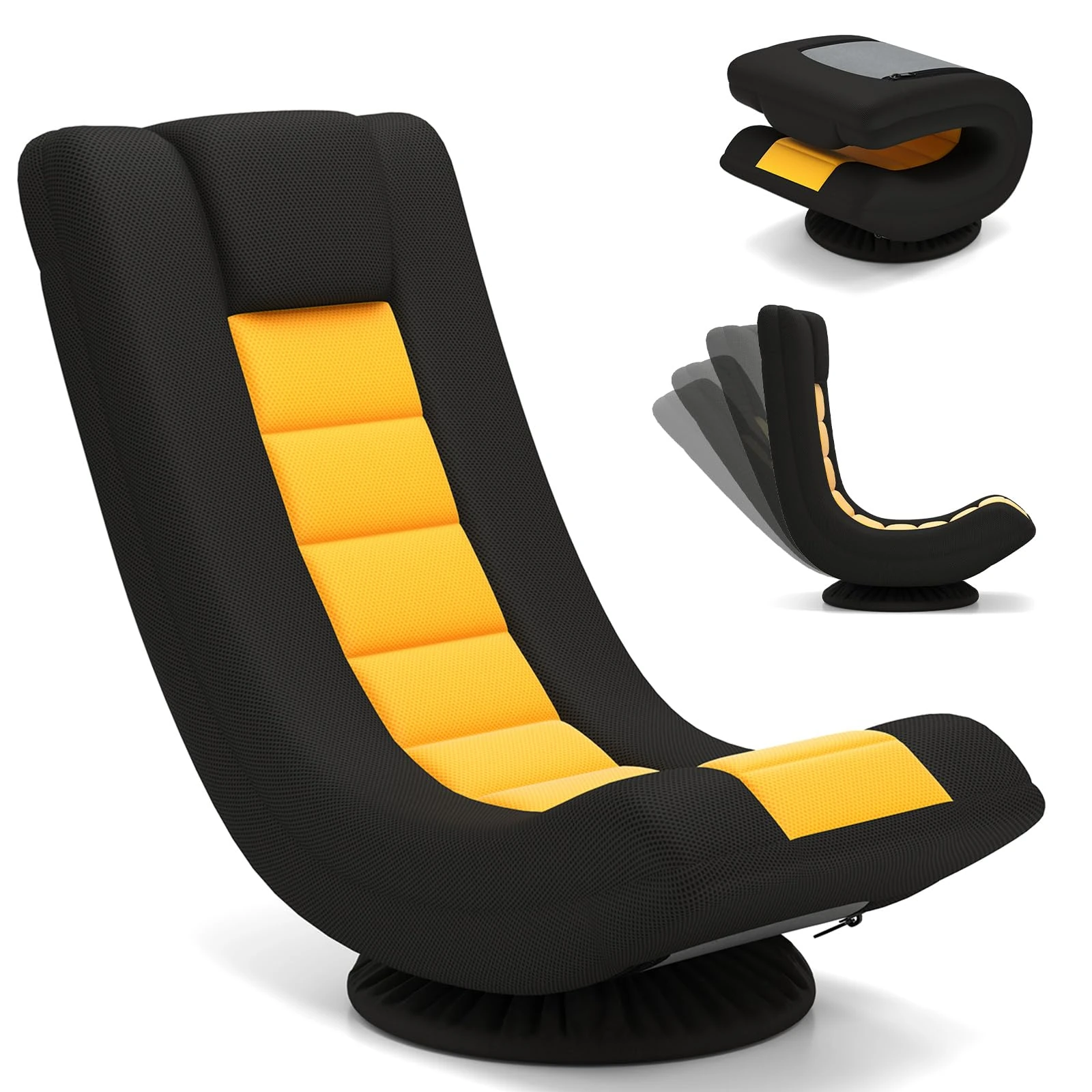 COSTWAY Folding Sofa Chair, 4-Position Adjustable Lazy Floor Sofa Bed with Swivel Base, High Back Single Padded Lounge Sleeper Recliner Floor Chair Seat for Meditation Gaming Reading (Yellow+Black)