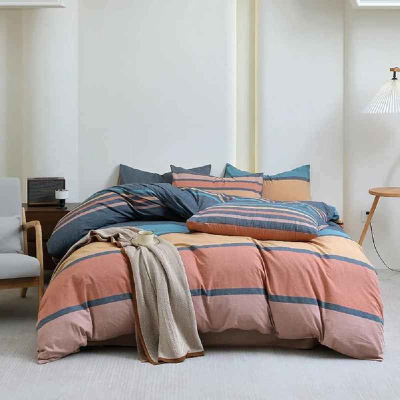 LifeTB Striped Comforter Set King Size Multicolor Stripe Pattern Duvet Fluffy Bed Set 3 Pieces Lightweight Bedding Duvet King Modern Soft Patchwork Stripe Boho Duvet for