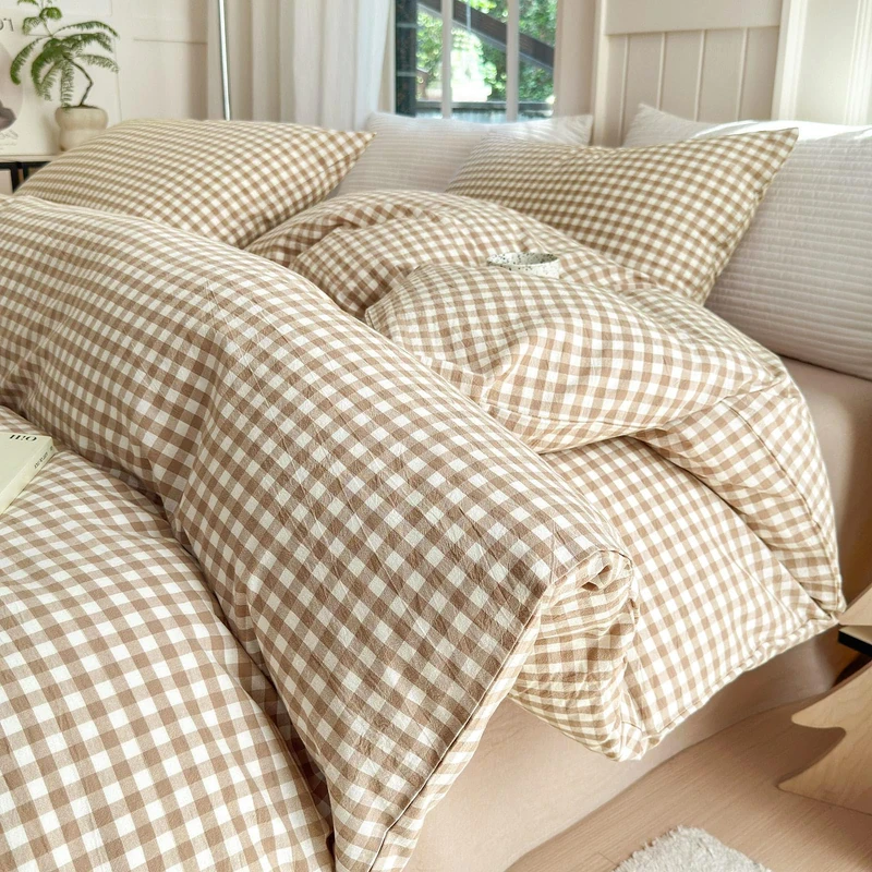 LifeTB Tan Gingham Comforter Set Twin XL Modern Style Beige Plaid Comforter Set 3 Pieces Soft Fluffy Grid Checkered Pattern Comforter with 2 Pillowcases Farmhouse Gingham Bedding Set Twin XL