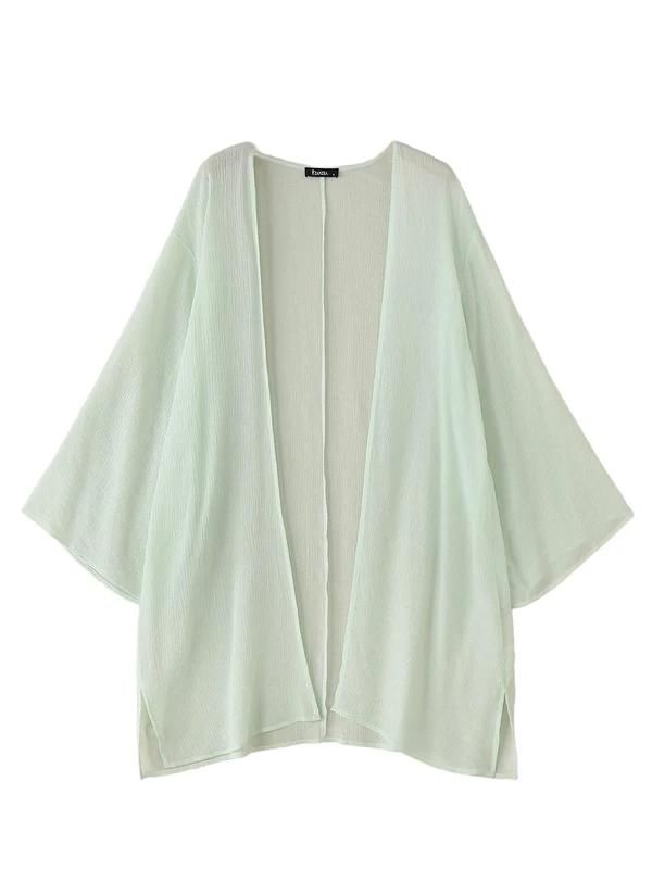 ZANZEA Women's Kimono Cardigan Solid Color Open Front Beach Coverups Long Sleeve Bikini Sarong Shawl Tops Light Green Long S