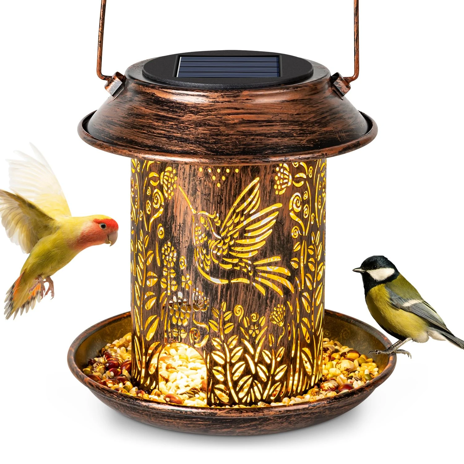 LEKIA Solar Lantern Bird Feeder for Outside, Hummingbird Metal Wild Bird Feeder Garden Ornaments Outdoor, Waterproof Garden Lights Solar Powered for Yard, Patio, Lawn, Pathway