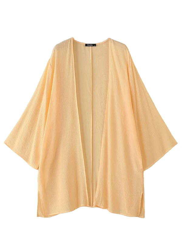 ZANZEA Women's Kimono Cardigan Solid Color Open Front Beach Coverups Long Sleeve Bikini Sarong Shawl Tops Beige Long M