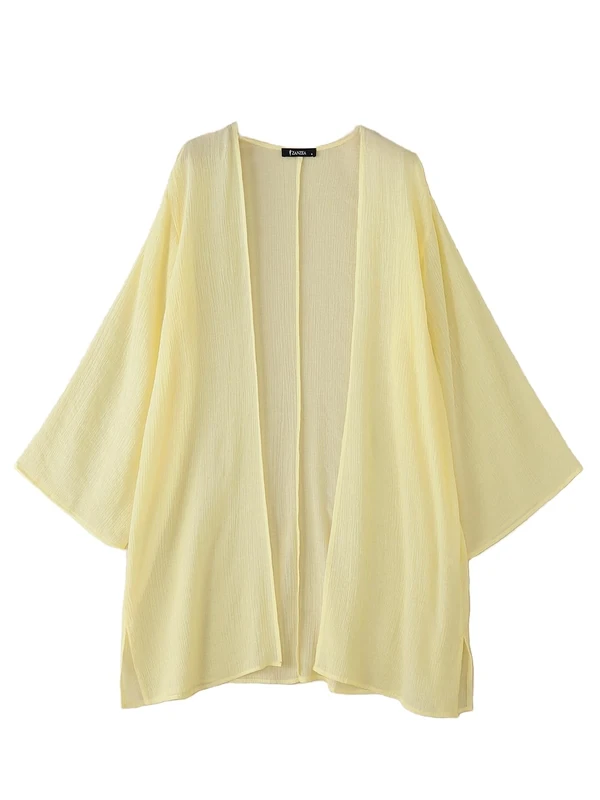 ZANZEA Women's Kimono Cardigan Solid Color Open Front Beach Coverups Long Sleeve Bikini Sarong Shawl Tops Yellow Long S