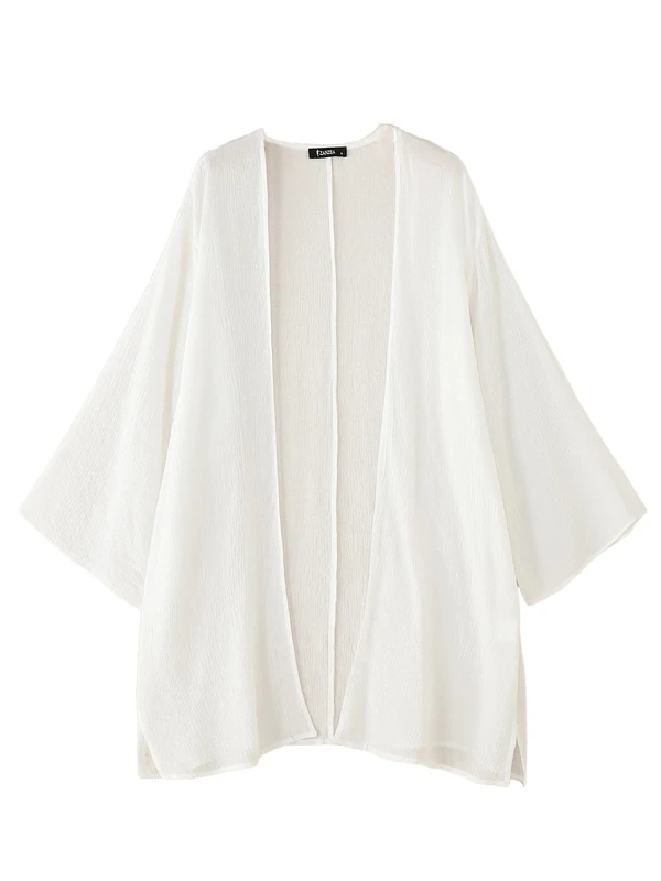 ZANZEA Women's Kimono Cardigan Solid Color Open Front Beach Coverups Long Sleeve Bikini Sarong Shawl Tops White Long S