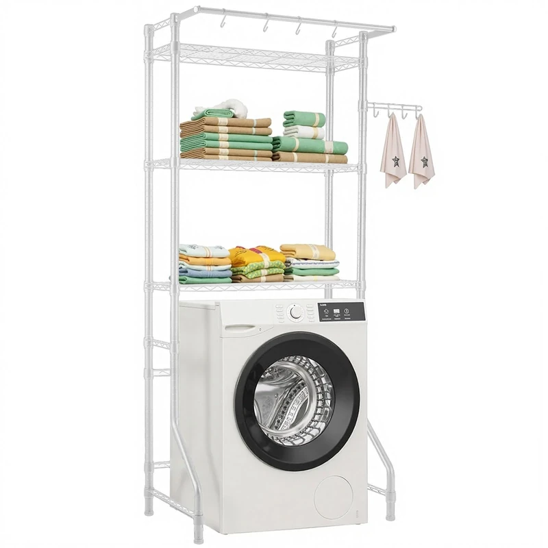 VEVOR Over Washer and Dryer Storage Shelf, 3 Tiers Laundry Room Drying Rack with Hanger Rod and Hooks, Single Row Adjustable Washer Shelves Space Saver, for Laundry Room Storage & Organization, White
